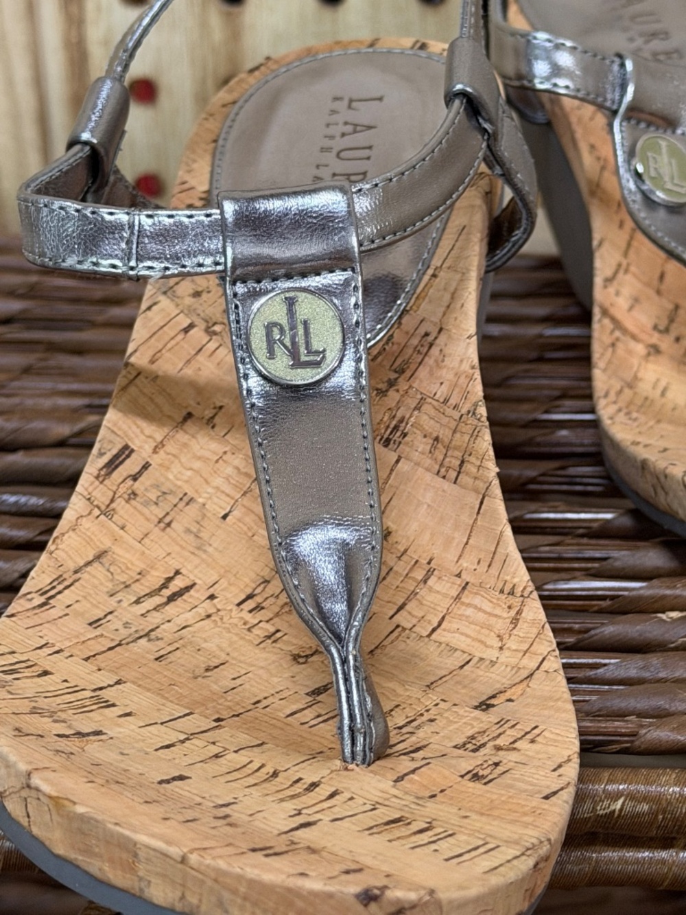 Lauren Ralph Lauren Metallic Gray Cork Wedge Sandals 7.5 - Picture 7 of 8